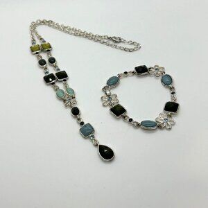 Multi Color Link Chocker Necklace & Bracelet Set Silver Setting With Multi Color
